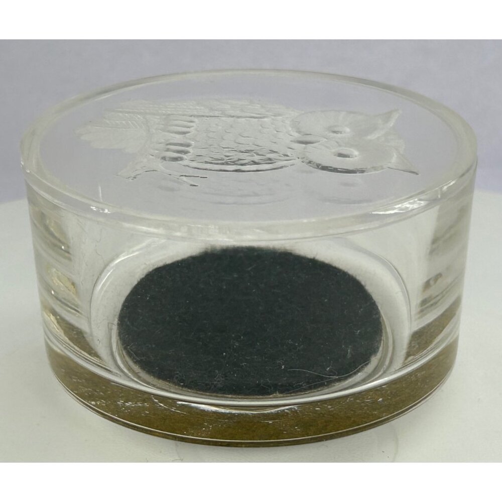 Trinket Jewelry Box Etched Owl Design Lid Round Clear & Black Vintage Look Retro - Picture 3 of 8
